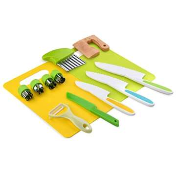 13 Pieces Montessori Kitchen Tools for Toddlers-Kids Cooking Sets Real-Toddler Toys Set for Real Cooking with Plastic Children Safe Knives Crinkle Cutter Kids Cutting Board