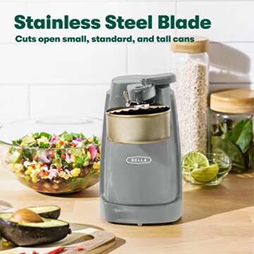 BELLA Electric Can Opener and Knife Sharpener, Multifunctional Jar and Bottle Opener with Removable Cutting Lever and Cord Storage, Stainless Steel Blade, Gray