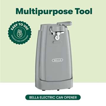 BELLA Electric Can Opener and Knife Sharpener, Multifunctional Jar and Bottle Opener with Removable Cutting Lever and Cord Storage, Stainless Steel Blade, Gray