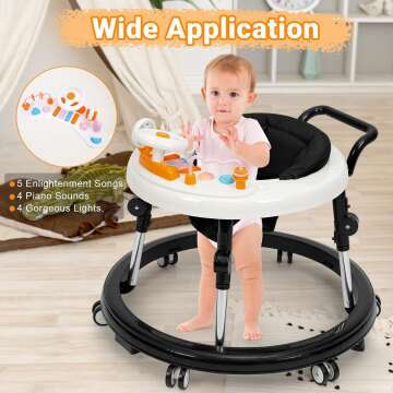 Music and Lights Baby Walker Foldable with 9 Adjustable Heights, Baby Walker with Wheels Portable, Baby Walkers and Activity Center for Boys Girls Babies 7-18 Months (NEW-BLACK)