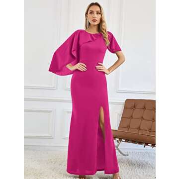 SouqFone Women's Formal Gown Dresses for Women 2023 Elegant Wedding Guest Cape Sleeve Evening Dress Short Sleeve Maxi Mermaid Bodycon Bridesmaid Dresses-M,Hot Pink