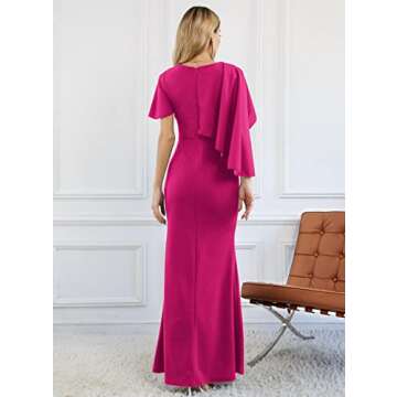 SouqFone Women's Formal Gown Dresses for Women 2023 Elegant Wedding Guest Cape Sleeve Evening Dress Short Sleeve Maxi Mermaid Bodycon Bridesmaid Dresses-M,Hot Pink