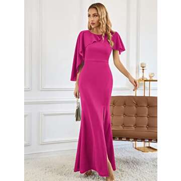 SouqFone Women's Formal Gown Dresses for Women 2023 Elegant Wedding Guest Cape Sleeve Evening Dress Short Sleeve Maxi Mermaid Bodycon Bridesmaid Dresses-M,Hot Pink