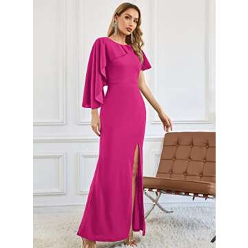 SouqFone Women's Formal Gown Dresses for Women 2023 Elegant Wedding Guest Cape Sleeve Evening Dress Short Sleeve Maxi Mermaid Bodycon Bridesmaid Dresses-M,Hot Pink