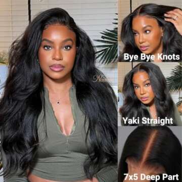 Nadula Bye Bye Knots Glueless Wig Yaki Straight Human Hair Pre Cut 7x5 Invisible Knots HD Lace Front Put on and Go Wigs Pre Plucked Pre Bleached No Glue 180% Density 18inch