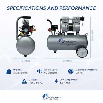 California Air Tools 8010A 1.0 HP Ultra Quiet and Oil-Free Air Compressor, 8 Gallon Aluminum Tank, Lightweight with Wheels, 60 dBA Noise Level