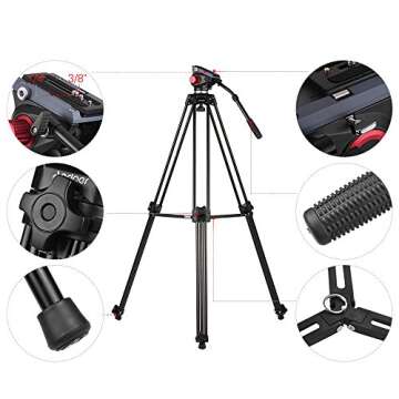 Andoer Video Tripod, 71 inch Professional Heavy Duty Aluminum Tripod with Quick Release Plate and Fluid Drag Pan Tilt Max Load 17.6lb 180cm for DSLR Camcorder