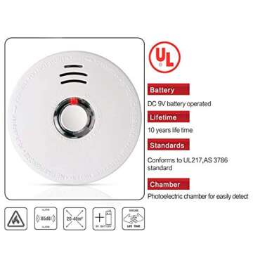 Smoke Detector Fire Alarm, 6 Packs Photoelectric Smoke Detectors with UL Listed, 9V Battery Operated Smoke Detector (9V Battery Included), 10 Years Life Time, Fire Safety for Home, Hotel, School etc