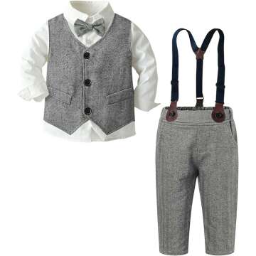 SANGTREE Baby Boys Clothes, Dress Shirt with Bowtie + Suspender Pants, 3 Months - 9 Years