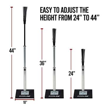 FITPLAY Baseball Batting Tee, 360° Rotate Hitting Tee for Softball Baseball Drills, Adjustable Height 24 to 44 inches, Weighted Metal Base, Hand-Rolled Flexible Rubber Top| Easy Carrying