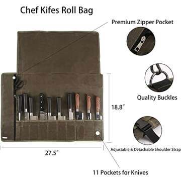 HERSENT Chefs Knife Roll Bag, Waxed Canvas Knife Cultery Carrier, Portable Chef Knife Cases, Knife Pouch Holders with 10 Slots Plus 1 Zipper Pockets Can Hold Home Kitchen Knife Tools Up to 18.8, 1.