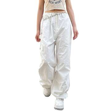 WOBONIU Women Low Waist Baggy Cargo Pants Indie Aesthetic Drawstring Loose Pocket Jogger Trousers Hippie Punk Streetwear (C White, S)