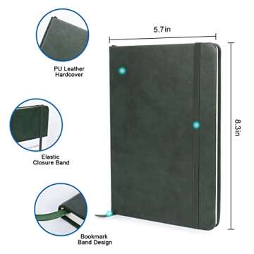 foroxin Lined Journal Notebook Dark Green Leather for Women Men 8.3 x 5.7 Large College Ruled 192 Pages 80gsm Hardcover Notebooks Work Home School with Elastic Band Closure and Ribbon Bookmark