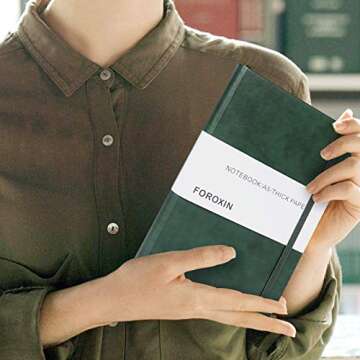 foroxin Lined Journal Notebook Dark Green Leather for Women Men 8.3 x 5.7 Large College Ruled 192 Pages 80gsm Hardcover Notebooks Work Home School with Elastic Band Closure and Ribbon Bookmark