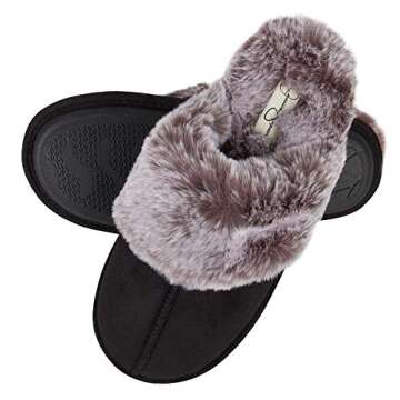 Jessica Simpson Women's Comfy Faux Fur House Slipper Scuff Memory Foam Slip on Anti-Skid Sole, Black, Small