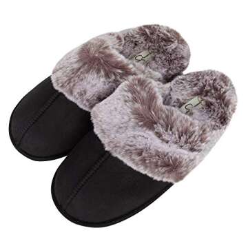 Jessica Simpson Women's Comfy Faux Fur House Slipper Scuff Memory Foam Slip on Anti-Skid Sole, Black, Small