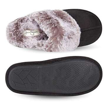 Jessica Simpson Women's Comfy Faux Fur House Slipper Scuff Memory Foam Slip on Anti-Skid Sole, Black, Small