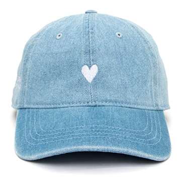 Atticus Poetry Hat, Embroidered Brushed Cotton Women’s Baseball Hat Unisex Fit, Adjustable One Size (Heart Denim)