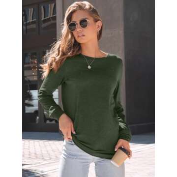 AUTOMET Women's Long Sleeve Shirts Casual Loose Fit Tee Shirts Solid Color Oversized Basic Tops Business Casual Outfits ArmyGreen S