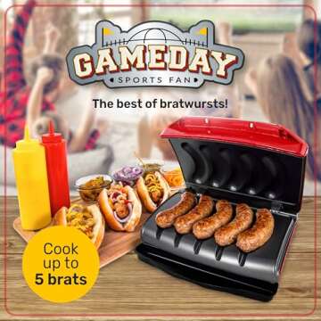 Nostalgia Game Day Sausage and Brat 5 Link Electric Grill with Oil Drip Tray, Carry Handle, and Cord Storage, Cooks Beef, Turkey, Chicken, Veggie Sausages, or Hot Dogs