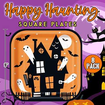 Unique Happy Haunting Disposable Dinnerware Bundle for 8 - Square Dinner & Dessert Plates, 16 Luncheon Napkins - Black Orange Paper Partyware Supply Set for Pumpkin Bat Full Moon Ghost Party Décor