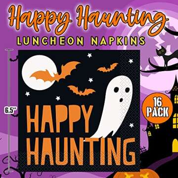 Unique Happy Haunting Disposable Dinnerware Bundle for 8 - Square Dinner & Dessert Plates, 16 Luncheon Napkins - Black Orange Paper Partyware Supply Set for Pumpkin Bat Full Moon Ghost Party Décor