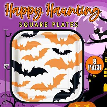 Unique Happy Haunting Disposable Dinnerware Bundle for 8 - Square Dinner & Dessert Plates, 16 Luncheon Napkins - Black Orange Paper Partyware Supply Set for Pumpkin Bat Full Moon Ghost Party Décor