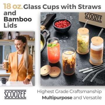 Scoozee Iced Coffee Cups with Lids [4 Pcs-18Oz] Beer Glasses with Bamboo Lids & Glass Straws, White Elephant Gifts, Glass Cups with Lids & Straws, Coffee Glass Tumbler, Housewarming Gifts New Home