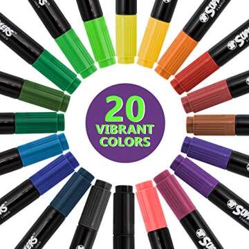 U.S. Art Supply Super Markers 20 Unique Colors Dual Tip Fabric & T-Shirt Marker Set-Double-Ended Fabric Markers with Chisel Point and Fine Point Tips - 20 Permanent Ink Vibrant and Bold Colors