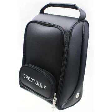 Crestgolf Deluxe PU Golf Shoe Bag Waterproof- Zippered Shoe Carrier Bags Ventilation & Outside Pocket Socks, Tees, etc.