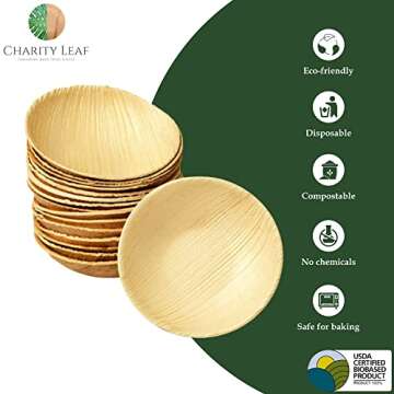 Charity Leaf Disposable Palm Leaf 3.5" Round Mini Bowl (25 pcs) Dipping Bowls | Bamboo Like| All Natural and Biodegradable | Charcuterie Boards, BBQs, and Parties