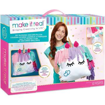 Make It Real - DIY Glowing Unicorn Pillow - DIY Arts and Crafts Kit for Kids - Includes Color Changing Lights, Pre Cut Fleece & Stickers - No Sewing Required - Unicorn Bedroom Décor