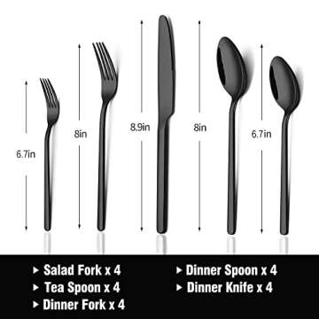 KINGSTONE Black Silverware Set, 20 PCs Black Flatware Set for 4, 18/10 Stainless steel Cutlery Set for Home Kitchen and Restaurant(Black, 20 pieces for 4)