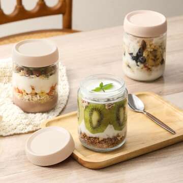 NETANY 6-pack 16oz Glass jars with Airtight Lids, Overnight Oats Containers with Lids, Wide mouth Mason Salad jars, Glass Food Storage Containers for Snacks Yogurt Spice Sugar-Beige