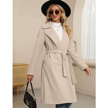 BZB Women's Long Wool Blend Pea Coat Winter Casual Overcoat Notched Lapel Collar Trench Coat Belted Long Jacket Outerwear