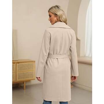 BZB Women's Long Wool Blend Pea Coat Winter Casual Overcoat Notched Lapel Collar Trench Coat Belted Long Jacket Outerwear