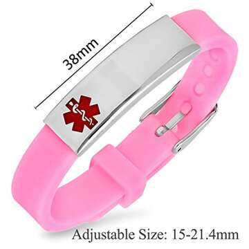 LiFashion LF Womens Stainless Steel Silicone Sos TYPE 1 DIABETES Medical ID Adjustable Bracelet Pink Rubber Health Alert Wristband Monitoring Awareness for Outdoor Emergency