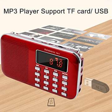 Retekess PR11 AM FM Radio Portable, Rechargeable Radio Digital Tuning, MP3 Music Player Speaker Support Micro SD, AUX, USB Port, Ideal for Outdoor (Red)