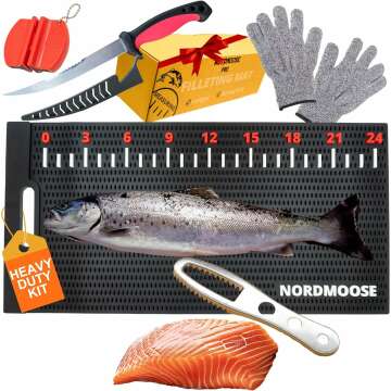 Fish Fillet Mat Kit with Fish Ruler Decal and Fillet Knife, Cutting Gloves. Large 28"x14" Nonslip Fish Cleaning Mat that Grips the Fish - Durable & Easy to Clean, Portable Fish Cutting Board