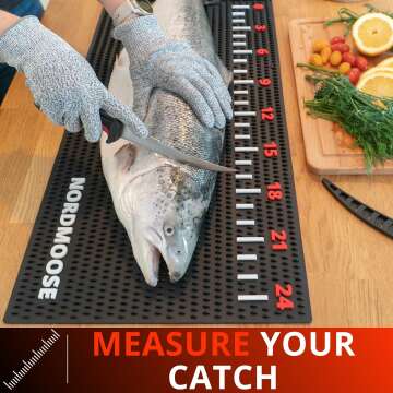 Fish Fillet Mat Kit with Fish Ruler Decal and Fillet Knife, Cutting Gloves. Large 28"x14" Nonslip Fish Cleaning Mat that Grips the Fish - Durable & Easy to Clean, Portable Fish Cutting Board