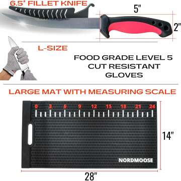 Fish Fillet Mat Kit with Fish Ruler Decal and Fillet Knife, Cutting Gloves. Large 28"x14" Nonslip Fish Cleaning Mat that Grips the Fish - Durable & Easy to Clean, Portable Fish Cutting Board