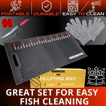 Fish Fillet Mat Kit with Fish Ruler Decal and Fillet Knife, Cutting Gloves. Large 28"x14" Nonslip Fish Cleaning Mat that Grips the Fish - Durable & Easy to Clean, Portable Fish Cutting Board