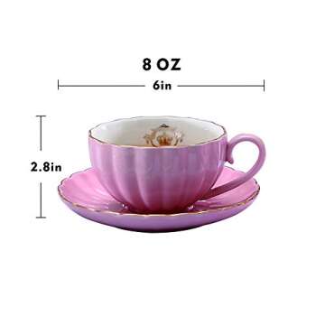 Keyron Heasa Porcelain British Royal Series Single Tea Coffee Cup with Saucer, 8 Ounce Cappuccino Cup, Latte Cup, Expresso Mug(Pink for one)