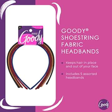 Goody Ouchless Shoestring Headbands - 5 Ct, Assorted Colors, Stylish & Lightweight Thin Headbands, Damage-Free Fabric Headbands for Women & Men, All-Day Comfort, For All Occasions, All Hair Types