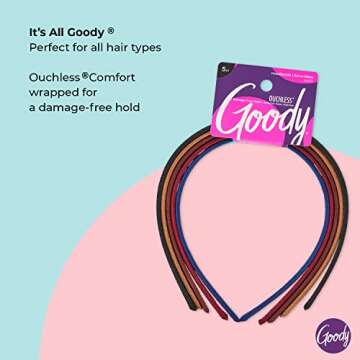 Goody Ouchless Shoestring Headbands - 5 Ct, Assorted Colors, Stylish & Lightweight Thin Headbands, Damage-Free Fabric Headbands for Women & Men, All-Day Comfort, For All Occasions, All Hair Types