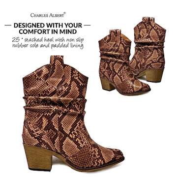 Charles Albert Modern Western Cowboy Boots for Women Ladies Stacked Heel Ankle Cowgirl Boots with Pull-Up Tabs in Snake Skin Size 7