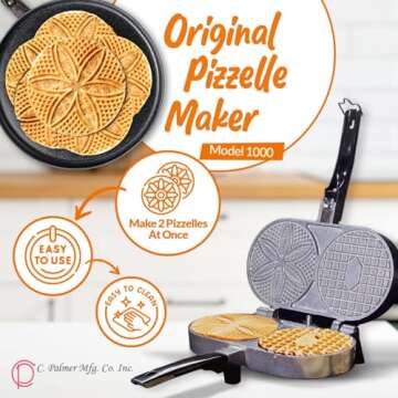 C. Palmer Pizzelle Iron Model 1000, 800 Watts Pizelle Maker Electric, American Made Pizelle Press, Makes Two 5-Inch Authentic Pizelles, Pizelle Cookie Press, Unique Housewarming Gifts for Her