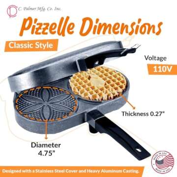 C. Palmer Pizzelle Iron Model 1000, 800 Watts Pizelle Maker Electric, American Made Pizelle Press, Makes Two 5-Inch Authentic Pizelles, Pizelle Cookie Press, Unique Housewarming Gifts for Her