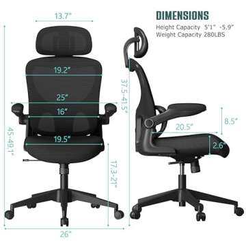 SUNNOW Mesh Office Chair, Ergonomic Desk Chair with Adjustable Lumbar Support & Flip-up Armrest, Comfort Wide Seat, High-Back Computer Task Chair for Home Office Student