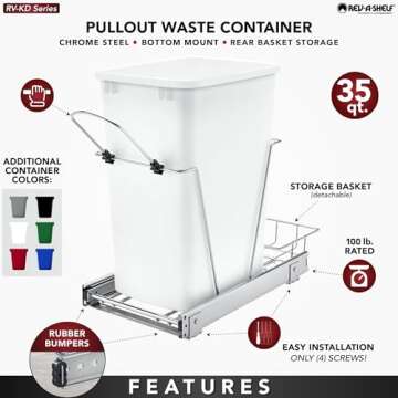 Rev-A-Shelf Pullout Trash Can for Kitchen Cabinets 35 Quart 12 Gallon Garbage Waste Recycling Bin with Full Extension Slides, White, RV-12KD-11C